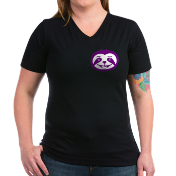The face of Percy the Purple Sloth on a black v-neck t-shirt.