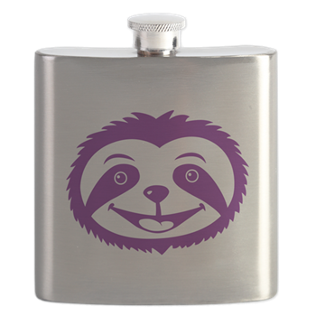 The face of Percy the Purple Sloth on a metal flask.