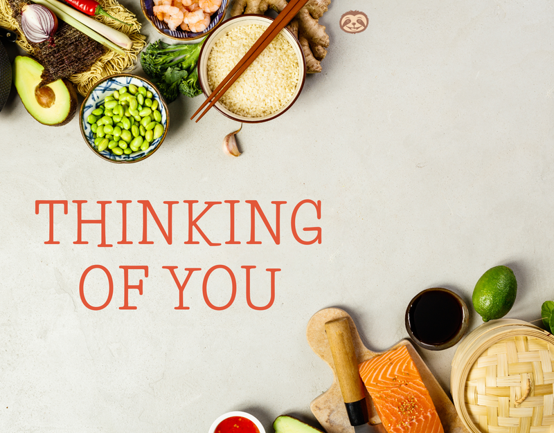 Greeting Card Cover of Asian foods and cooking tools, and the words "Thinking of You"