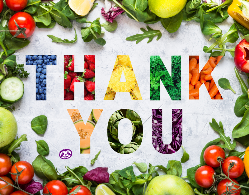 Greeting Card Cover of colorful fresh veggies, and the words "Thank You"