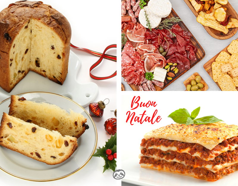Greeting Card Cover of Italian panettone, salamis, lasagna, and the words "Buon Natale"