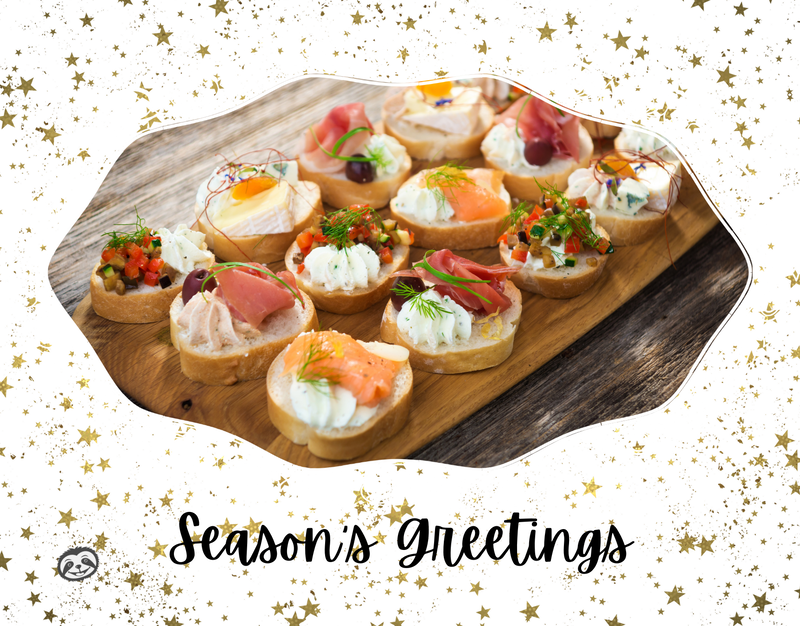 Greeting Card Cover of canape appetizers and the words "Season's Greetings"