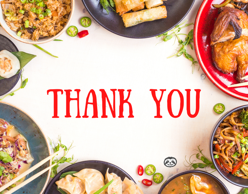 Greeting Card Cover of a delicious Chinese Dinner, and the words "Thank You"