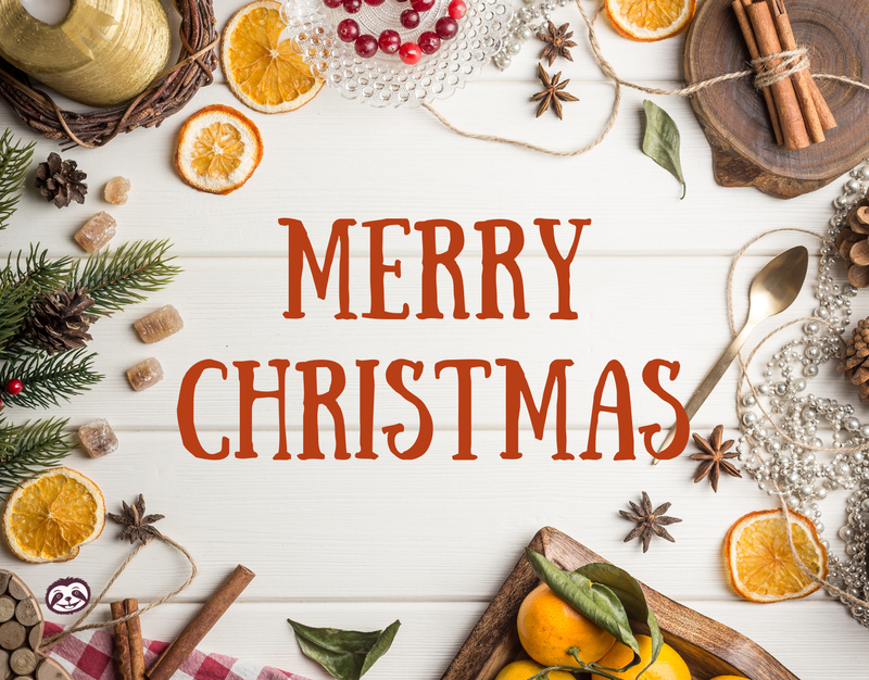 Greeting Card Cover of citrus fruits, cinnamon sticks, star anise, and the words "Merry Christmas"