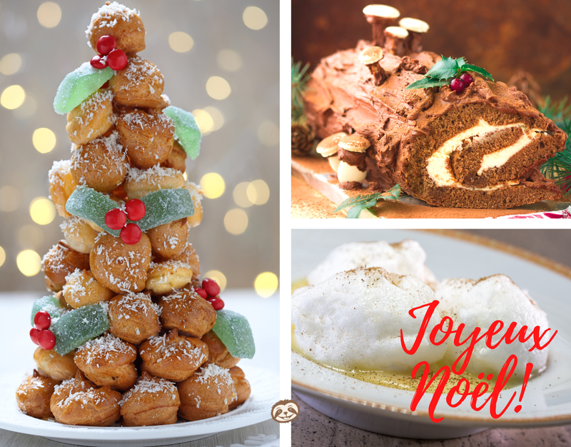 Greeting Card Cover of a croquembouche, yule log, and floating island dessert, and the words "Joyeux Noel"