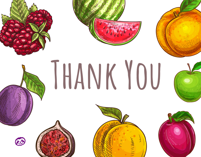 Greeting Card Cover of colorful fresh fruit drawings, and the words "Thank You"