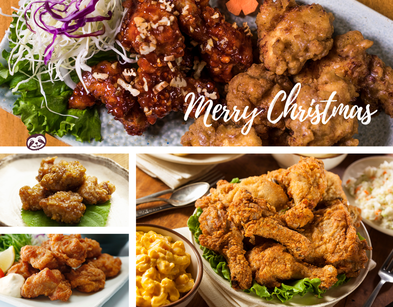 Greeting Card Cover of different types of fried chicken and the words "Merry Christmas "