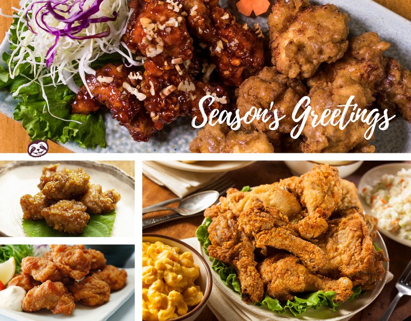 Greeting Card Cover of different types of fried chicken and the words "Season's Greetings"