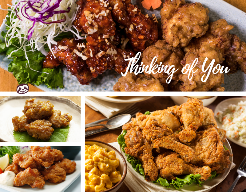 Greeting Card Cover of different types of fried chicken and the words "Thinking of You"
