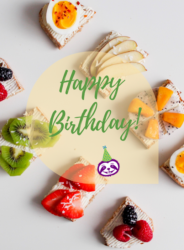 Greeting Card Cover features delicious canapes, and cheery Percy the Purple Sloth, and the words "Happy Birthday!”