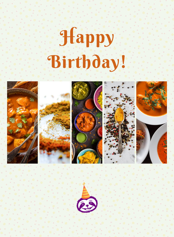 Greeting Card Cover features gorgeous curries, spices, and cheery Percy the Purple Sloth, and the words "Happy Birthday!”