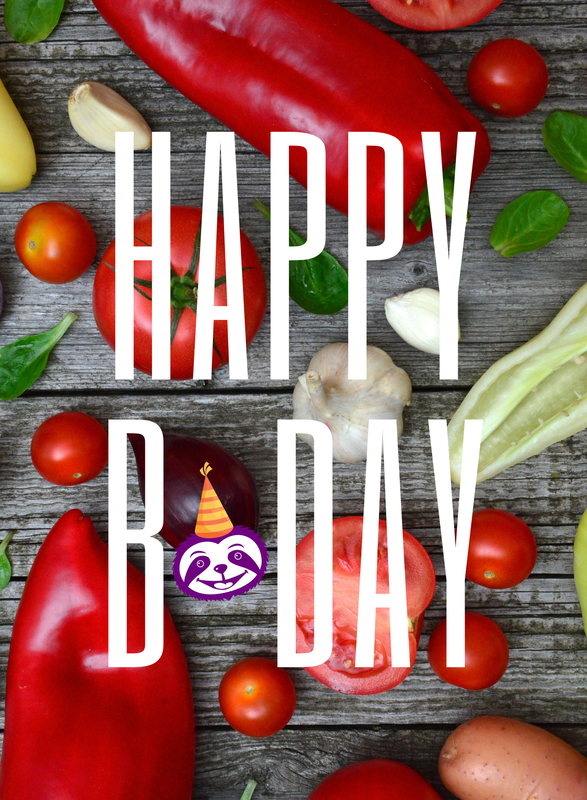 Greeting Card Cover features delicious beautiful bright veggies, and the words "Happy B-day!”