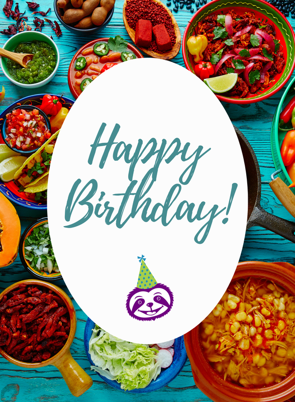 Greeting Card Cover features gorgeous exotic and tropical food display, and cheery Percy the Purple Sloth, and the words "Happy Birthday!”