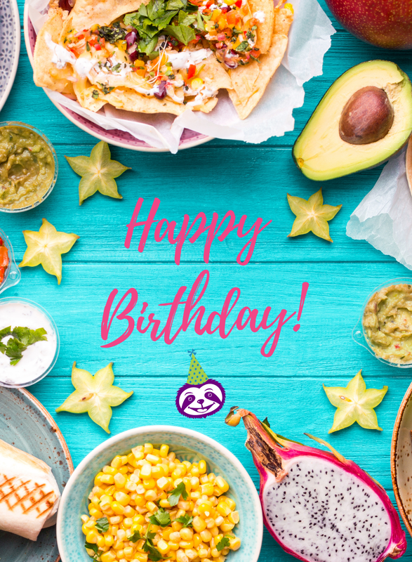 Greeting Card Cover features delicious beautiful slices of starfruit, nachos, and other delicious snacks, and the words "Happy Birthday!”