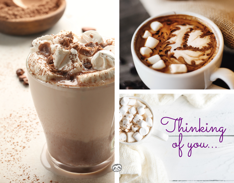 Greeting Card Cover of a mugs of hot chocolate, and the words "Thinking of You"