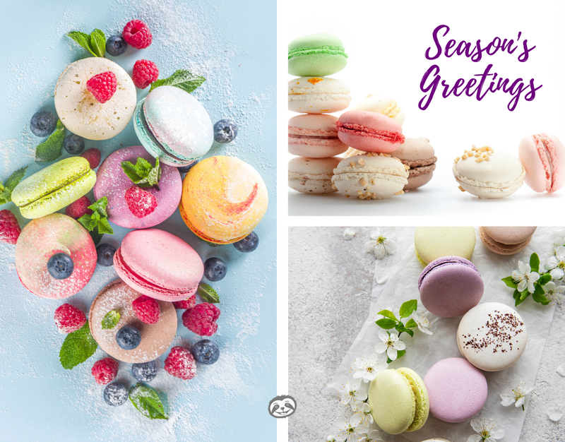 Greeting Card Cover of different types of macaron cookies, and the words "Season's Greetings"