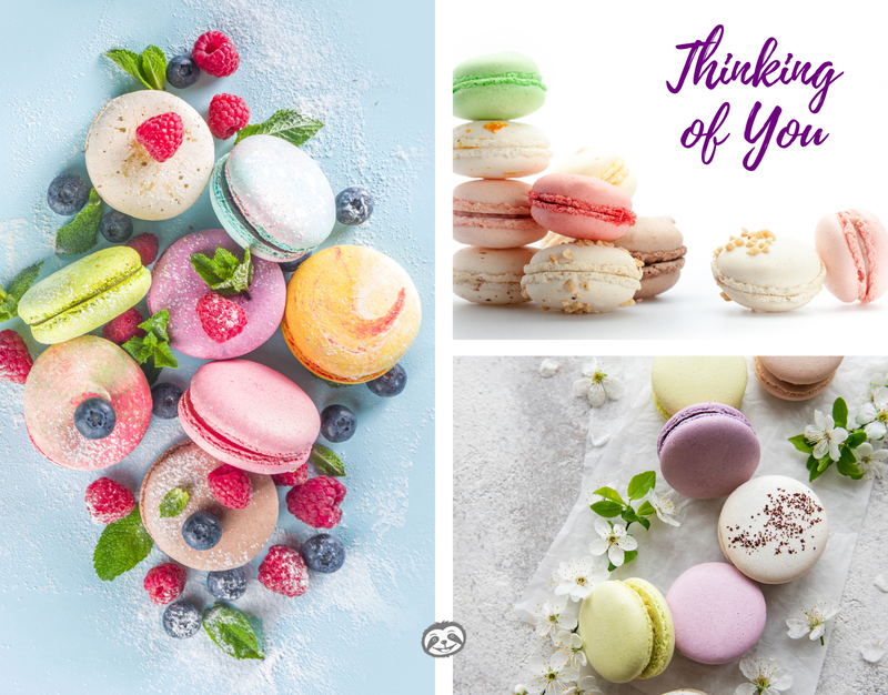 Greeting Card Cover of colorful macaron cookies, and the words Thinking of You"