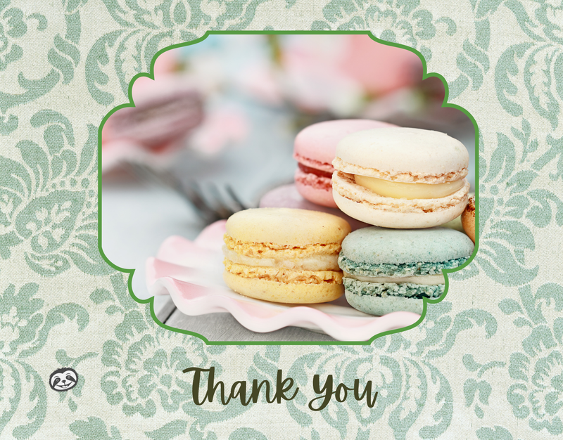 Greeting Card Cover of colorful macaron cookies, and the words "Thank You"
