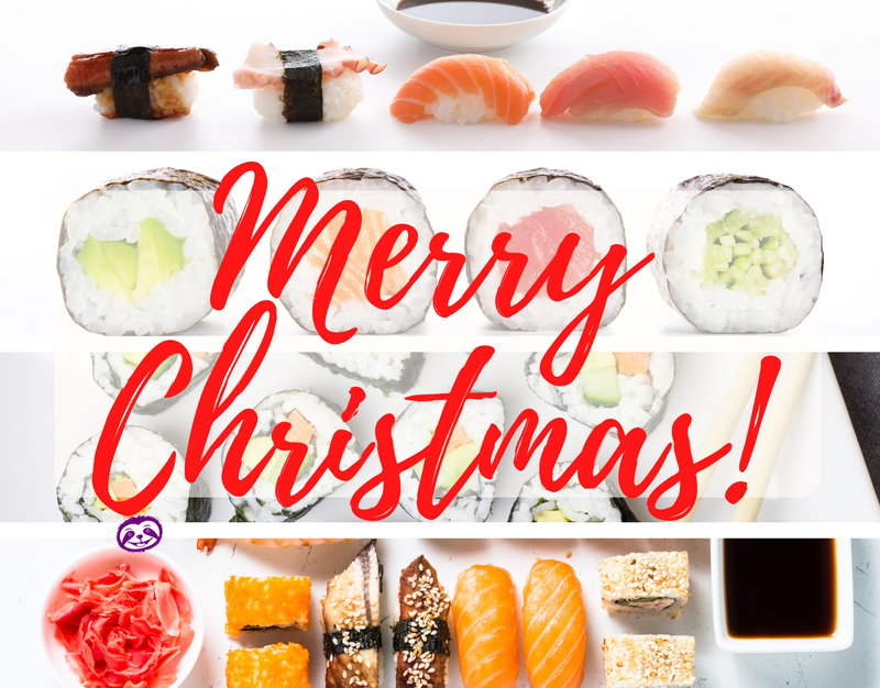 Greeting Card Cover of a variety of sushi pieces, and the words "Merry Christmas"