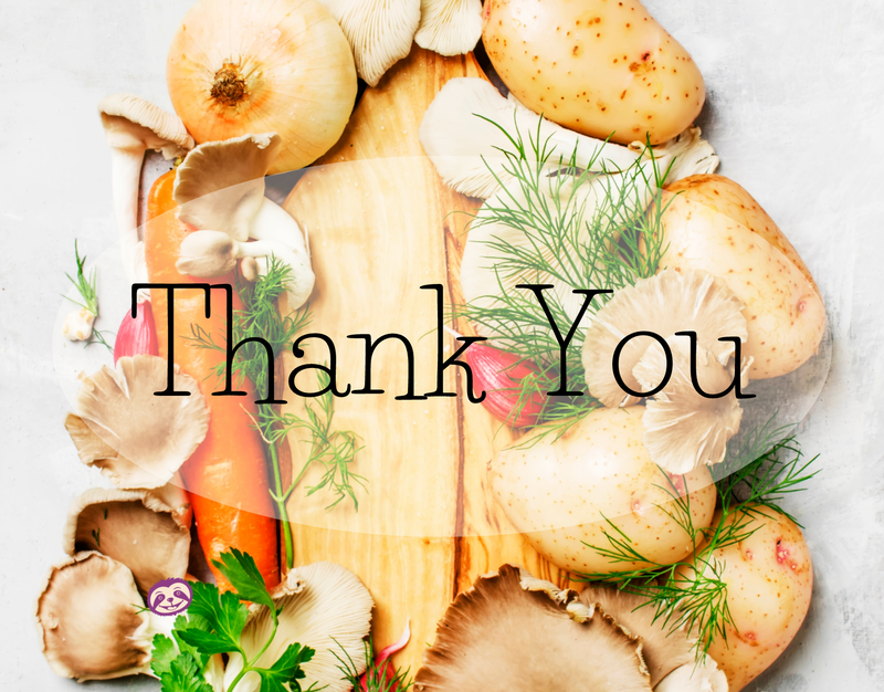 Greeting Card Cover of delicious mushrooms and veggies, and the words "Thank You"