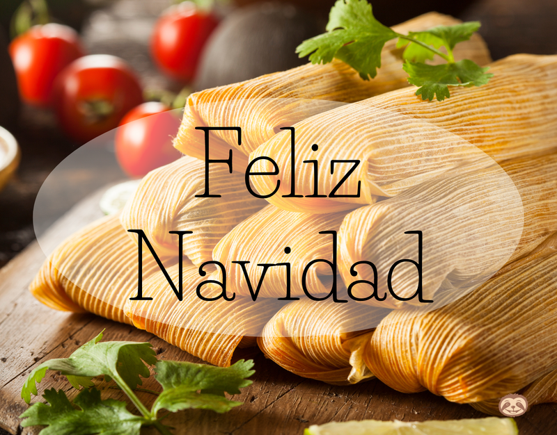 Greeting Card Cover featuring tamales, and the words "Feliz Navidad"