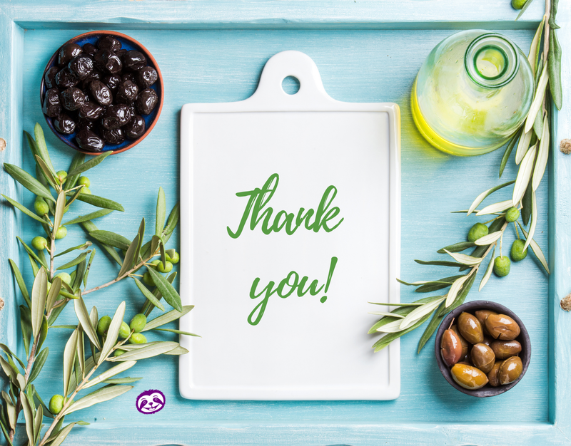 Greeting Card Cover of delicious olives and olive oil, and the words "Thank You"