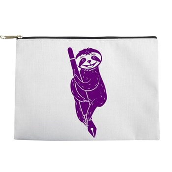 Percy the Purple Sloth holding a fountain pen on a zippered pen bag.