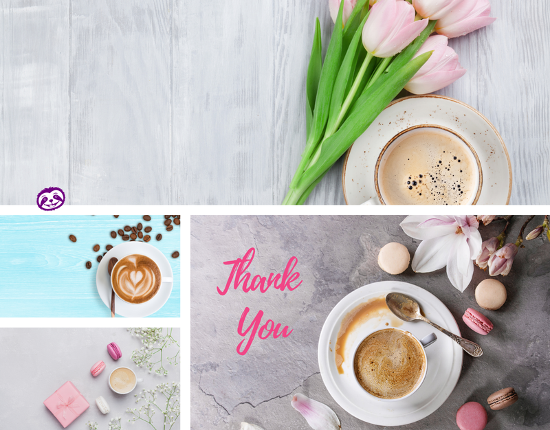Greeting Card Cover of pretty cups of coffee and pink accents, and the words "Thank You"