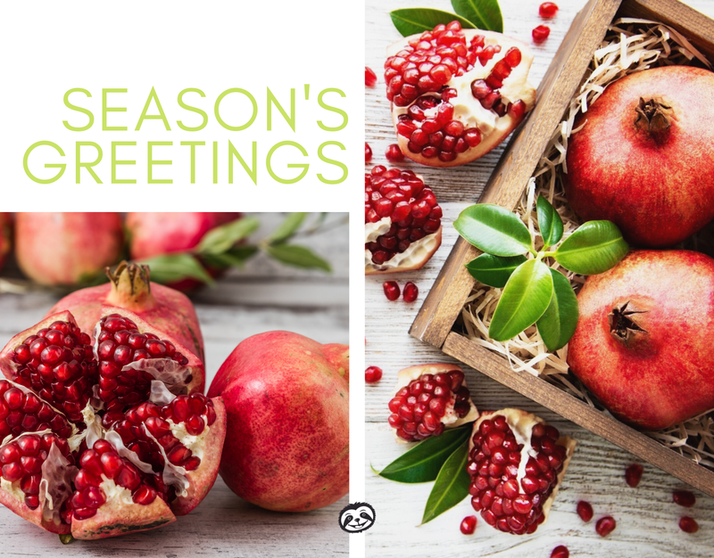 Greeting Card Cover of fresh pomegranates, and the words "Season's Greetings"
