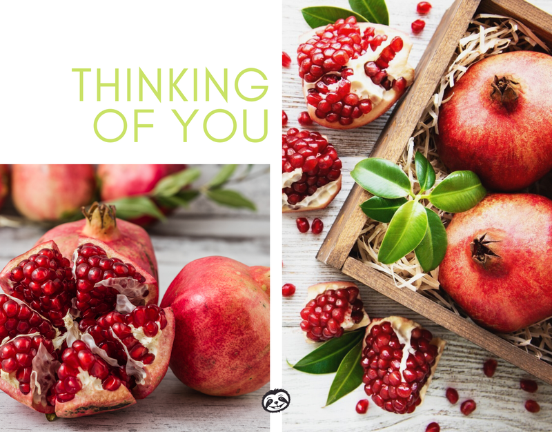 Greeting Card Cover of fresh pomegranates, and the words “Thinking of You"