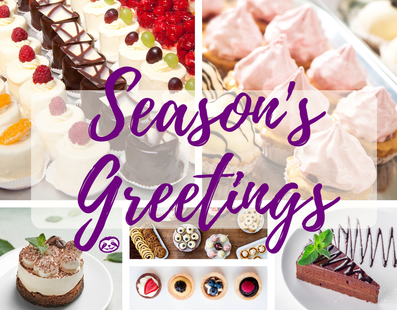 Greeting Card Cover of different chocolatey and fruity desserts, and the words "Season's Greetings"