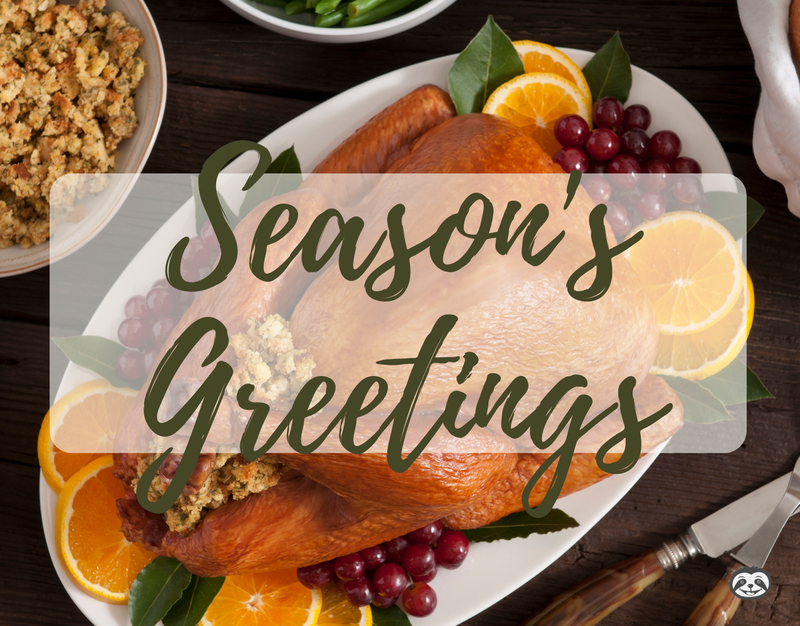 Greeting Card Cover of a stuffed turkey dinner, and the words "Season's Greetings"