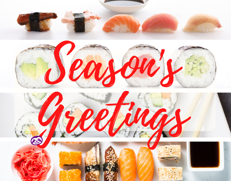 Greeting Card Cover of a variety of sushi pieces, and the words "Season's Greetings"