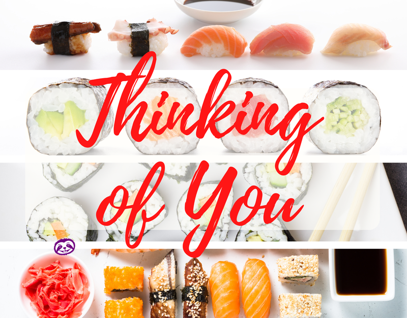Greeting Card Cover of a variety of sushi pieces, and the words "“Thinking of You"