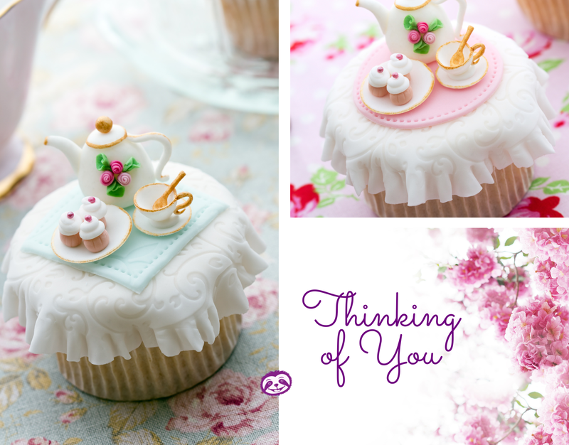 Greeting Card Cover of cupcakes decorated like a tea party, and the words “Thinking of You"