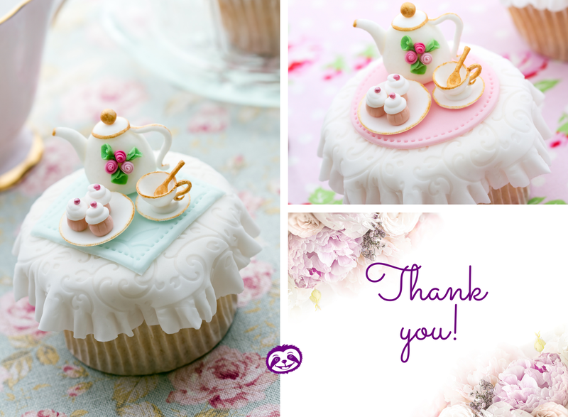 Greeting Card Cover of cupcakes decorated like a tea party, and the words "Thank You"