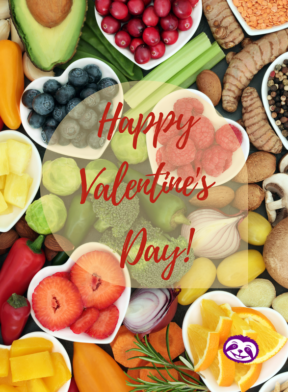 Greeting Card Cover of features beautiful heart-shaped dishes of fruit, more gorgeous fruit and veg, and the words “Happy Valentine’s Day!”
