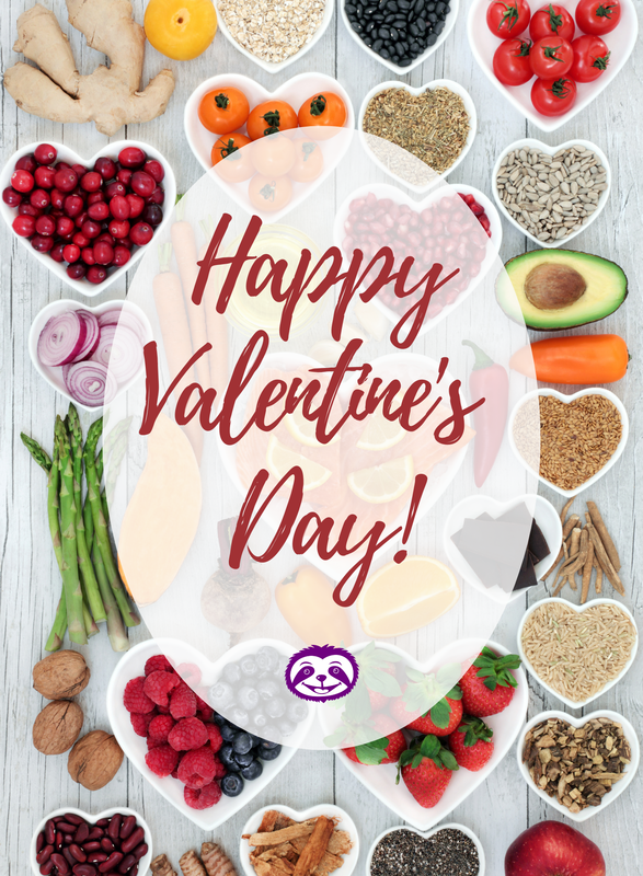 Greeting Card Cover of features beautiful heart-shaped dishes of fruit, grains, nuts, veg, and more, and the words “Happy Valentine’s Day!”