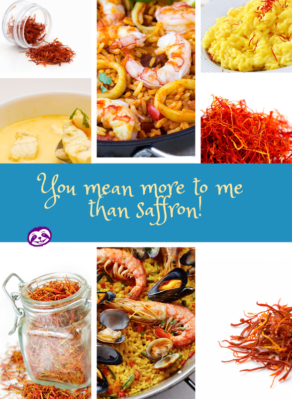Greeting Card Cover of features beautiful saffron and classic saffron dishes, and the words “You mean more to me than saffron!”
